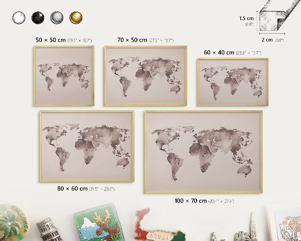 Tableau pour aimants cadre doré Carte du monde