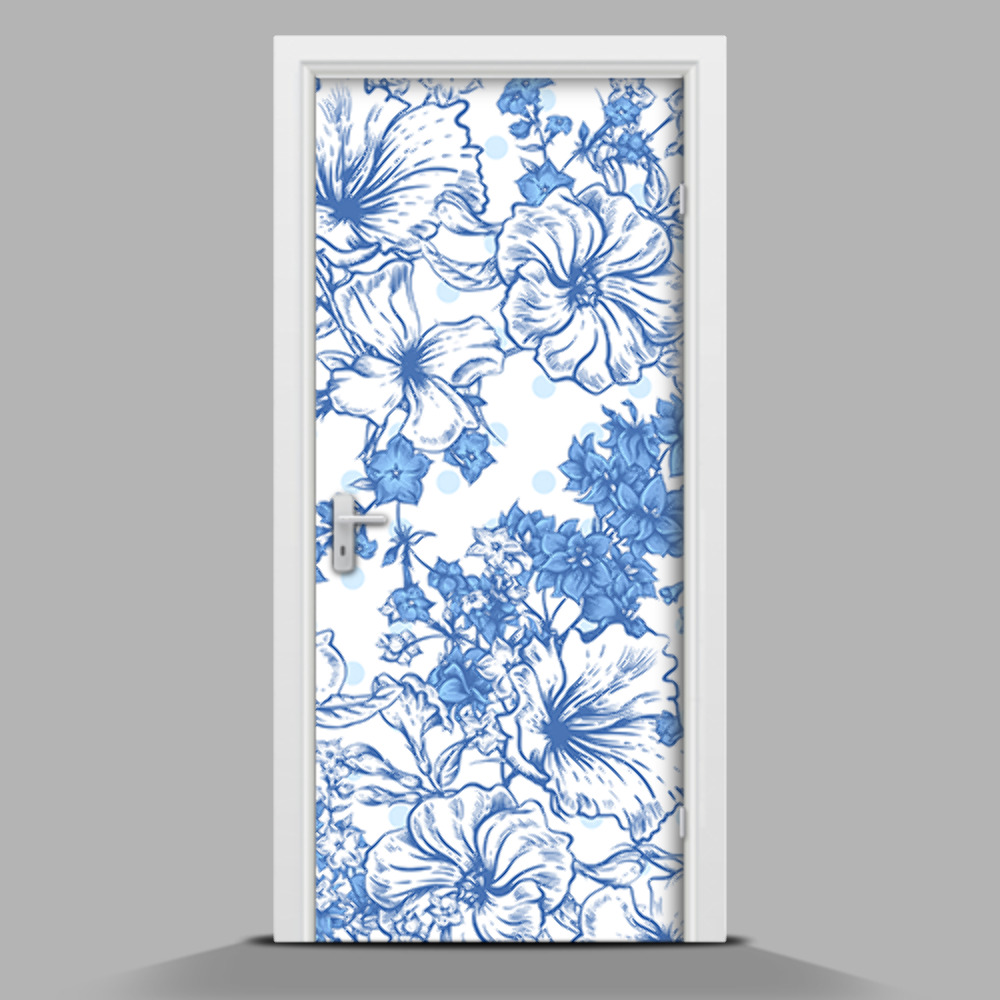 Autocollant de porte Fleurs peintes en bleu